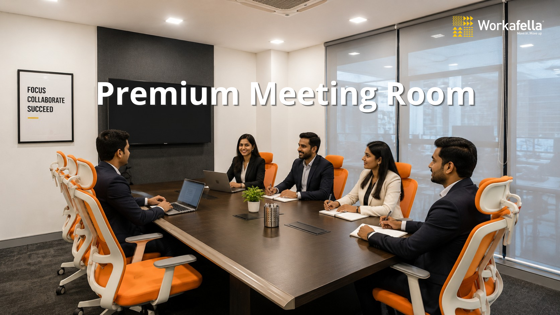 Professional team meeting in a modern Workafella meeting room with presentation screen and comfortable seating 